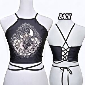 🟣 Barefoot Bohemian Black Cutout Lace-Up Corset Back Wrap-Tie Waist Crop Top Sm